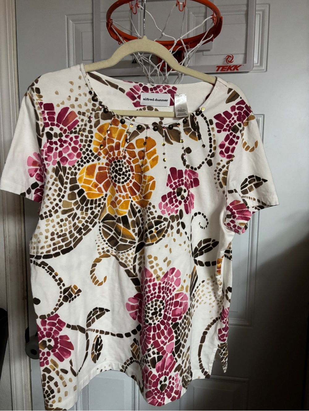 Alfred Dunner White Floral Short Sleeve Top with Pink & Yellow Blooms